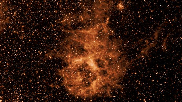 Infrared image of a glowing orange dust cloud in space, surrounded by a dense field of stars against a dark background, captured by NASA’s SPHEREx mission.