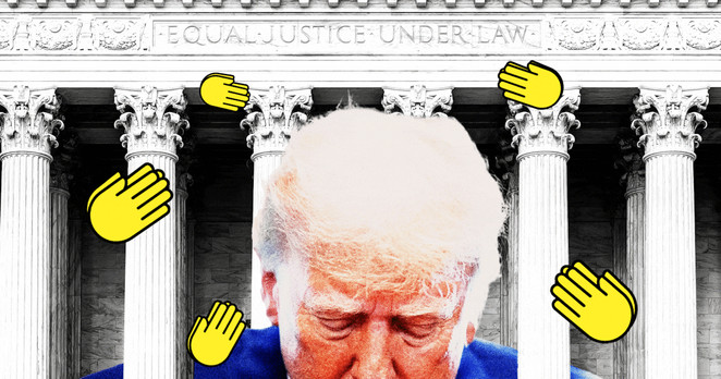 Donald Trump looking down in front of the Supreme Court building with clapping emojis around him