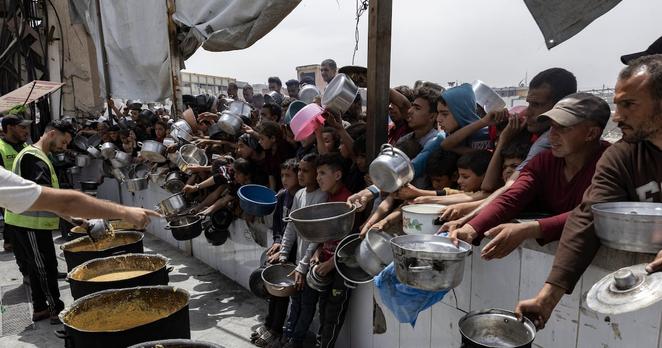 A charity kitchen in Jabaliya in northern Gaza. Israel’s barring of food and medicine shipments into Gaza has prompted calls from the international community — including allies — to end the blockade. Photograph: Saher Alghorra/The New York Times