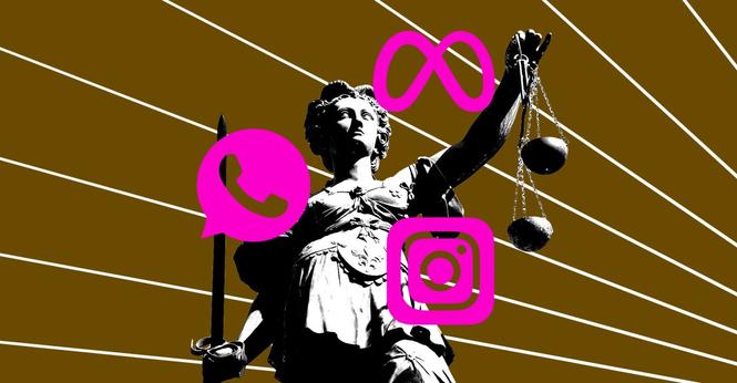 Justice statue with the Whatsapp, Instagram, and Meta logos.