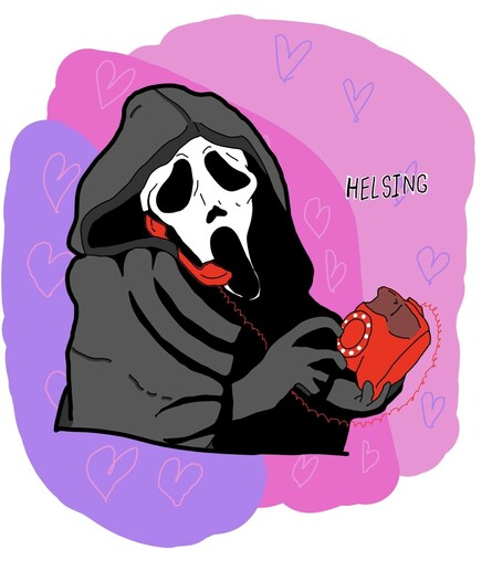 Ghostface holding phone up to face, surrounded by little hearts and bisexual lighting