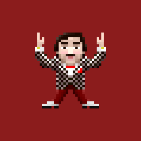 A pixelated depiction of Rupert Pupkin, a character from the 1982 movie "The King of Comedy" Rupert is wearing a tacky suit with red pants, white shoes and red tie and handkerchief. He is raising his arms above his head, his pixelated expression is mischievous