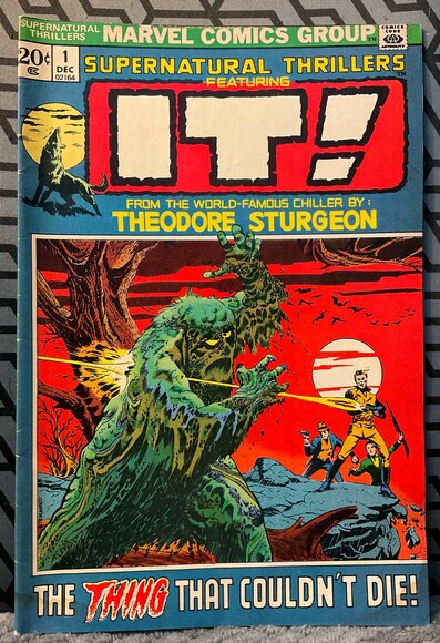 Jim Steranko drawing of Theodore Sturgeon's "IT" shambling through the swamp and being shot at by three idiots. "IT" is a bog-creature in the tradition of Swamp Thing or The Heap, although "IT" preceded both of them.