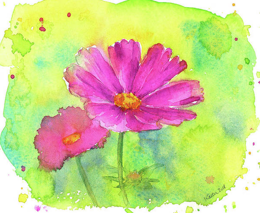 Watercolor painting in horizontal format of two bright pink cosmos flowers on an abstract fresh green background.