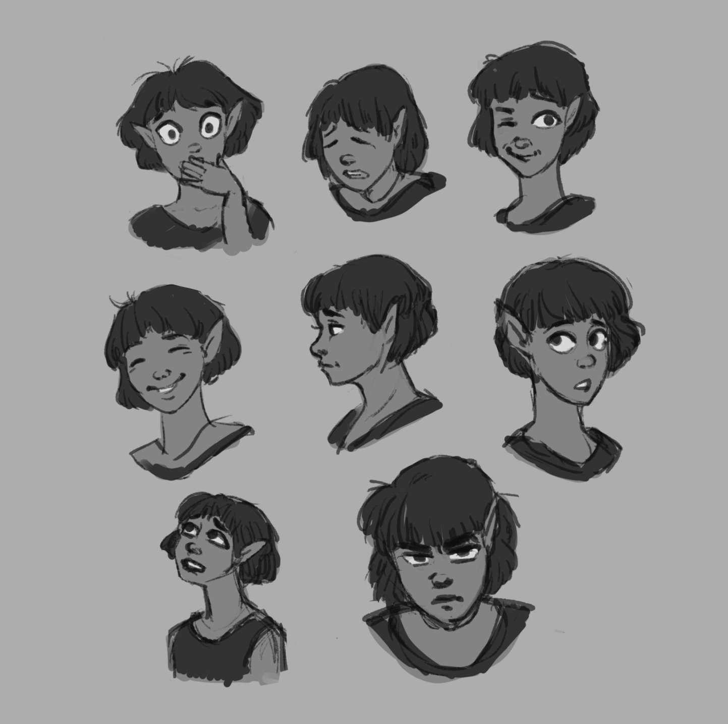 An illustration of an elf character performing series of facial expressions. There are a total of eight images and the expression range from happy to sad to mad and surprised. The elf has mid tone skin and black hair. 