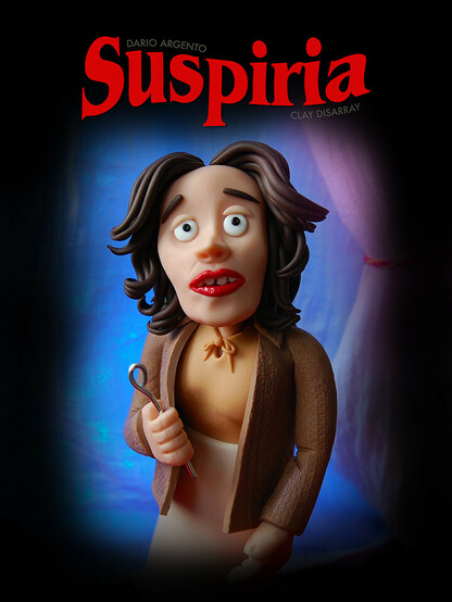 My poster for Suspiria with my model of the protagonist holding a metal weapon while looking pretty alarmed about things
