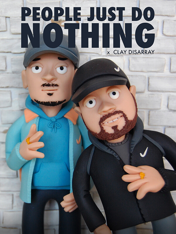 My poster for People Just Do Nothing featuring my clay models of Kurupt FM's Grindah and Beats in an urban setting