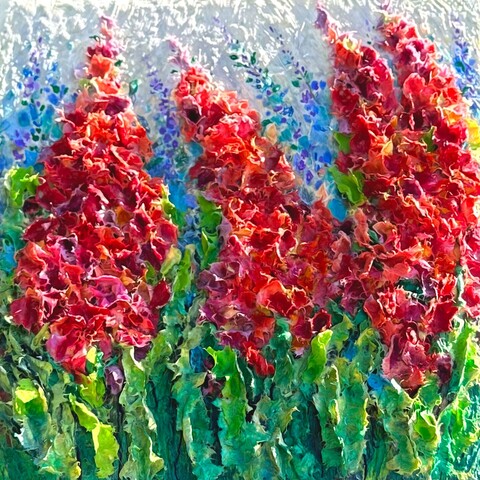 This captivating floral painting is a true masterpiece, featuring an impasto technique on canvas with a mix of media. The palette knife application creates a thick paint layer, perfect for bringing the wild flowers to life. Measuring 14"x14", this artwork is the perfect size to hang on any wall and add a touch of nature to your indoor space. The vibrant colors and textures make this piece stand out and is sure to be a conversation starter.