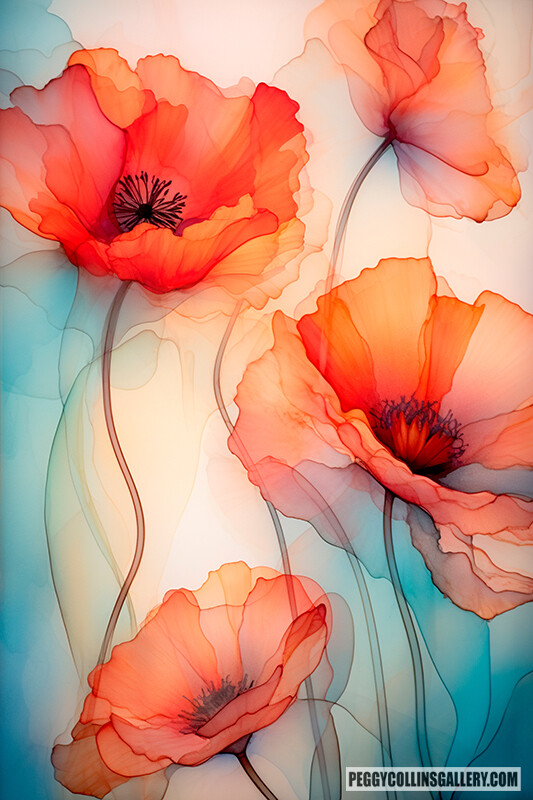 Colorful artwork of orange poppies, by artist Peggy Collins.