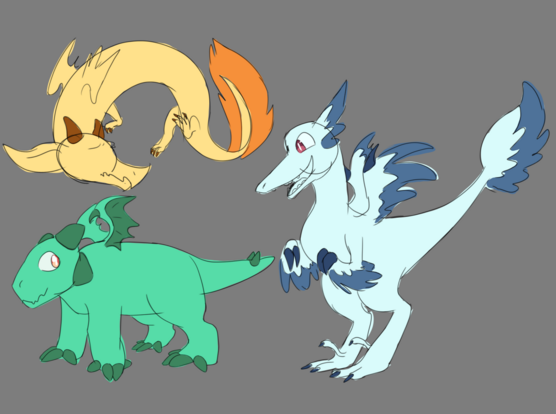 sketches of three baby dragons. The top left dragon is yellow and resembles an olm. The bottom left is a green dragon which resembles an ankylosaurus with a clubbed tail. And the the dragon on the right resembles a blue feathered velociraptor. 