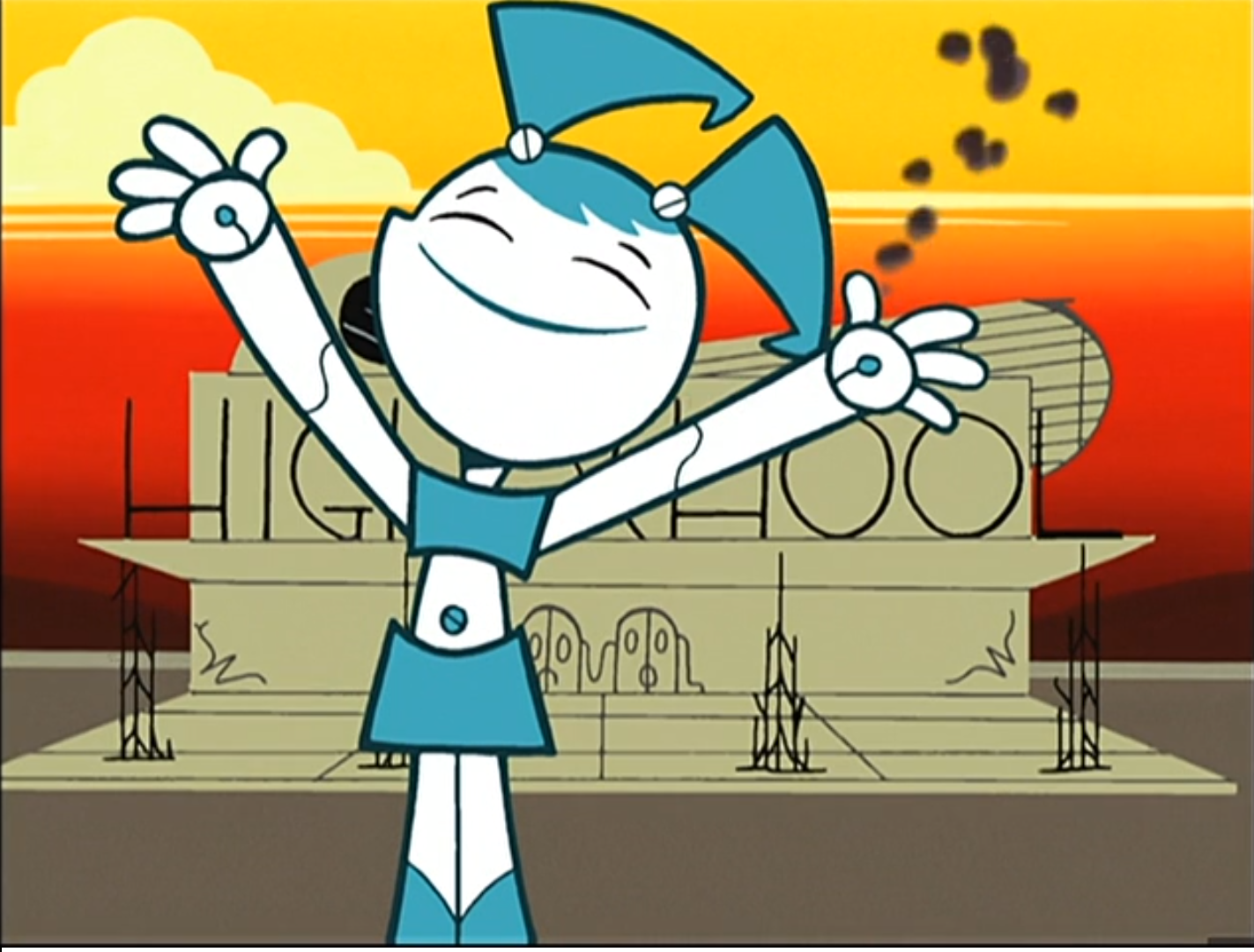 The character Jenny in front of her high school with a big smile and her arms in the air.