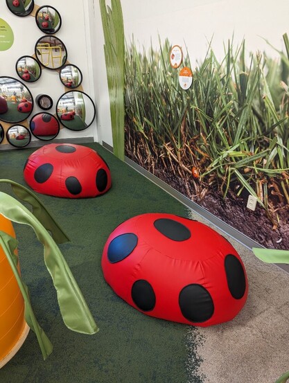 Two vinyl covered ladybug climb-upons I just redid the covers for at Thinkery in Austin, TX