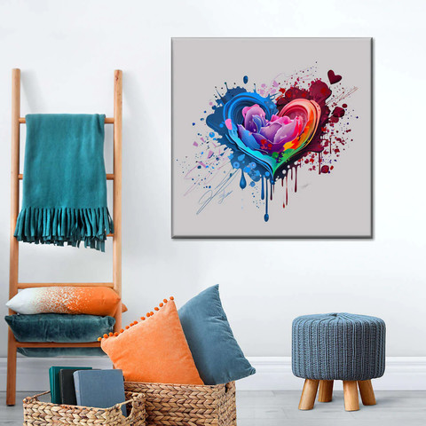 Shaped Textured Abstract Wall Art splatter painting

The paint dripping technique used in this artwork creates a dynamic and fluid effect, enhancing the visual appeal of the piece. The romantic vibe emanating from the painting evokes a sense of passion and intensity. The subjects depicted in this artwork are open to interpretation, allowing each viewer to find their own meaning within the piece.

The vibrant and colorful palette used in this painting adds a sense of energy and liveliness. The doodle-like patterns and paint splash elements contribute to the overall abstract aesthetic of the artwork. The paint splatter technique adds an element of spontaneity and unpredictability to the composition, creating a visually engaging experience.

The colors used in this artwork range from the deep and rich maroon to the bold and vibrant purple, creating a striking contrast. The denim hue adds a touch of uniqueness and adds depth to the composition. The Nobel color adds a sense of sophistication and elegance to the overall piece.

In conclusion, the Heart-Shaped Textured Abstract Wall Art splatter painting is a mesmerizing piece that combines various elements to create a visually stunning artwork. With its artistic and creative vibe, this painting is sure to add a touch of beauty to any space. 
