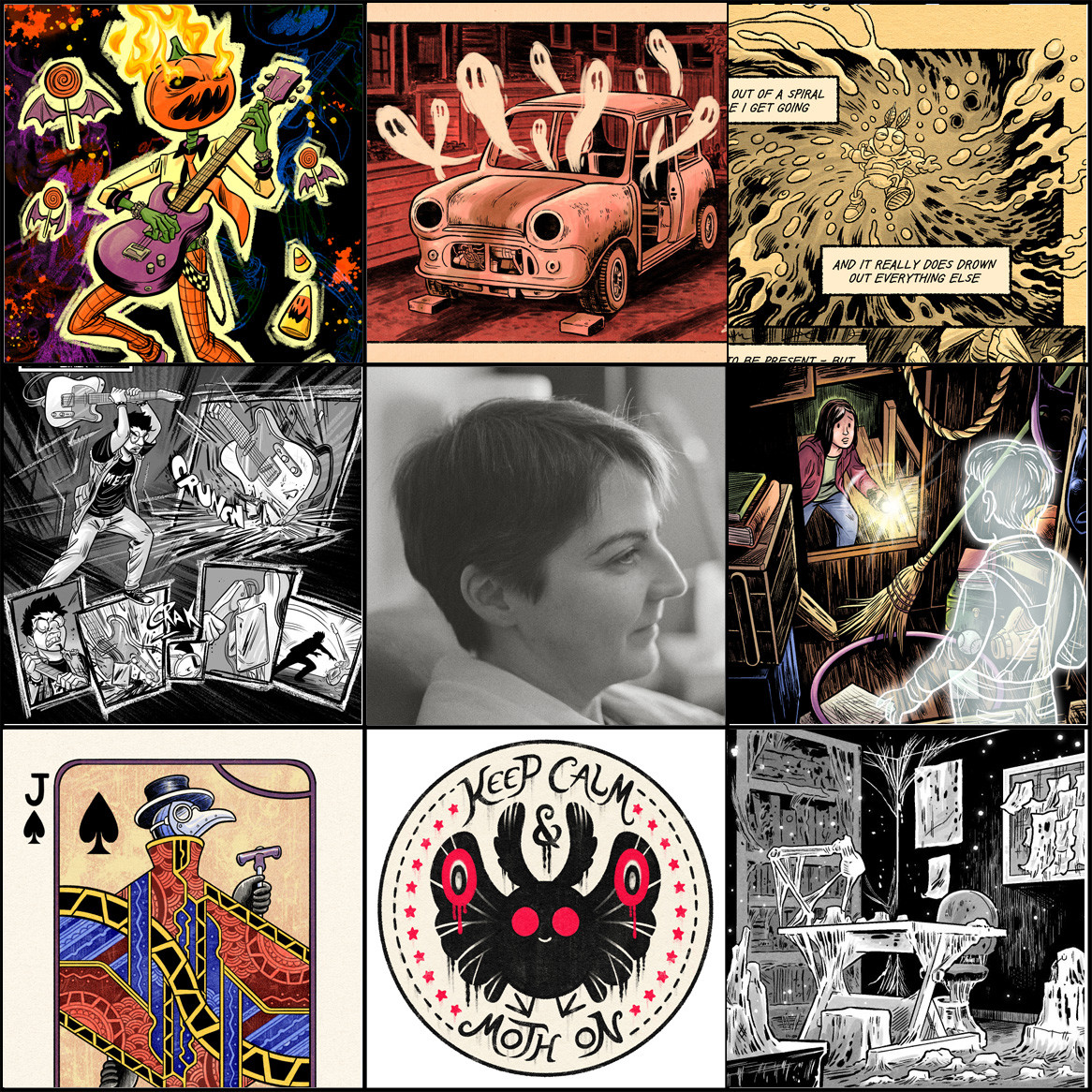 An "Art Vs. Artist" collage of OP surrounded by pieces of their artwork from the past year. Clockwise from top left: 1) a floating figure with a flaming Jack O' Lantern head playing a bass guitar, surrounded by floating monster candy 2) a hollowed-out car in a monochromatic red palette, with several ghosts drifting out, 3) a cartoon moth character underwater, struggling against a whirlpool current, 4) a young girl encountering a ghost boy in a dark room, 5) a drawing desk in a room with a bookcase, bulletin board, boxes piled on the floor and other objects - everything is covered in fungus and cobwebs, 6) a cute cartoon Mothman in a circle surrounded by the words "Keep Calm & Moth On," 7) a plague doctor drawn in the style of a Jack Of Spades playing card, and 8) a comic page showing a series of panels of a man smashing a Fender Telecaster guitar.