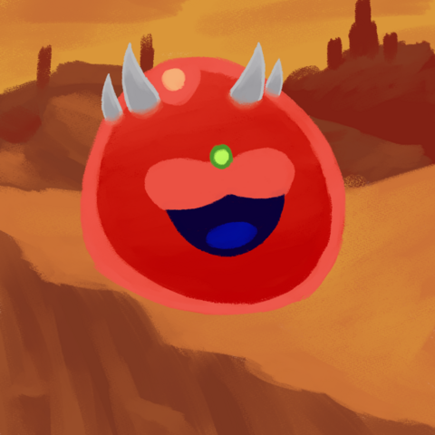 painting of a red slime with a single glowing green eye and a crown of four grey cone like horns, their dark blue mouth is agape in a smile.
On the background is the treacherous terrain of Mars.