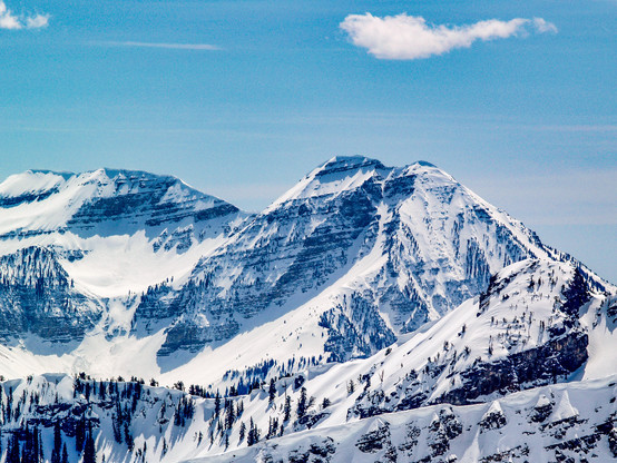 Rocky Mountain High  

This is an image of a couple of mountain peaks of the Rocky Mountains as captured behind Snowbird Ski Resort outside of Salt Lake City in Utah.
The mountain peaks are the main subject in this image and they take up about 80% of the image.
In the lower portion of the image there are some pine trees and they grow on the lower ridge following all the way around the lower part of the image and continue part way up the ridge line on the right.
I'm not sure if they stop growing because that is where the tree line ends or if the mountains are just too steep to hold any trees. The mountain is covered in thick snow and the sky is partly cloudy.
