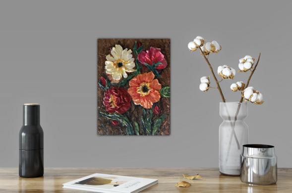 “Vivid Blooms in 3D.” This textured painting of flowers uses a thick impasto technique to bring the blooms to life in a three-dimensional way. The vibrant, rich colors and pronounced shadows and highlights create a truly unique and tactile representation of floral beauty. It was a joy to create and I hope it brings joy to those who view it.#