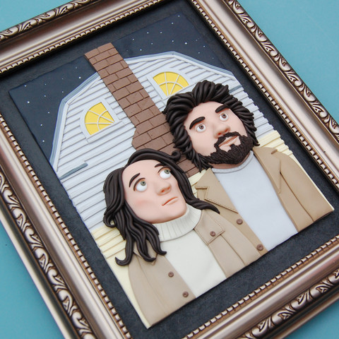 My polymer painting for The Amityville Horror with my clay interpretation of the protagonist couple in front of the spooky house, a similar composition to American Gothic