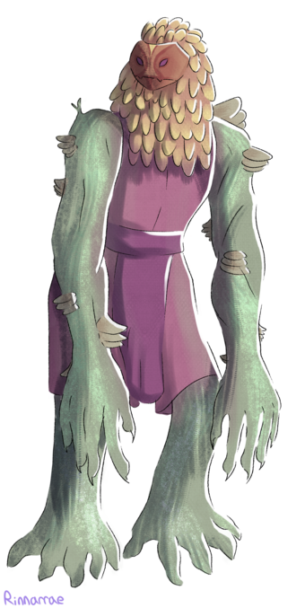 A tall alien with yellow-green bark like skin with glowing green stripes, with long arms and large hands with mushrooms growing off them. They have leaf like hair, and a red mask-like face and root-like toes. They're wearing a pink shirt and pants, with a cloth belt.