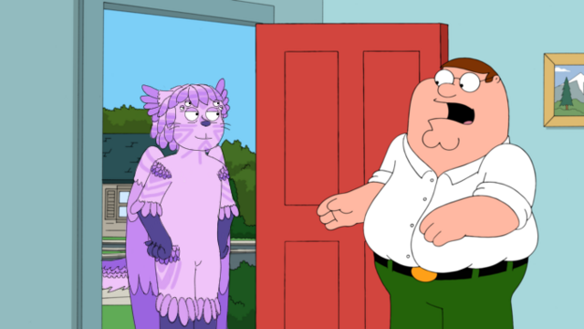 Fake Family Guy screenshot showing the artist's sona Rinnarrae meeting Peter Griffin at his front door. Rinnarrae is a six eyed light purple winged feline with dark purple stripes, feathers, and wings.