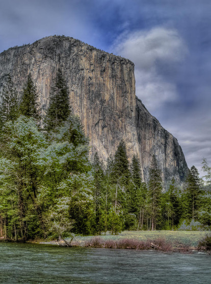 The Captain

This is an image of El Capiton located in Yosemite National Park. 
This image was captured from the banks of the Merced River. The Merced River frames the bottom of the image with it's green waters flowing quickly as the water ripples as it flows over submerged rocks and boulders.
Above the river is the valley floor lined with various types of pine trees including Spruce and Douglas Firs. 
Behind the trees is the rock formation known as El Capitan. El Capitan rises 3,000 feet above Yosemite Valley. The granite varies in color from a light tan to gray.
Above El Capitan is a partially cloudy sky with big puffy clouds and blue skies.

