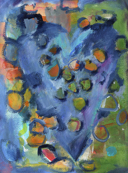 Healing is an abstract artwork in portrait format painted with bold expressive brushstrokes by artist Karen Kaspar. In this acrylic painting you can see a heart shape in various shades of blue on a multicolored background. There are holes in that blue heart and colored circles around the heart.
Are these holes wounds, that are about to heal?
Or is this heart shape just a mask or a screen or wall that is falling apart and all the beautiful true colors are starting to shine through?