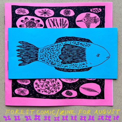 A set of two comics/zines. The comic in front has an illustration of a forceful fish, and the one at the back has a collection of flowers and leaves. 