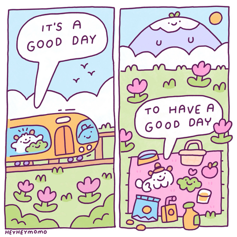 Two vertical panels comic. In the left panel we see momo and forg in a yellow train traveling through a green field with pink flowers in front of a blue cloudy sky. In the window momo and forg are very happy. Momo says “it’s a good day” In the right panel we see they are now having a little picknick together. They are chilling on a pink blanket surrounding with a bunch of snacks and a picknick basket. There’s a big smiling mountain behind them and everything is just idyllic. Momo says “to have a good day” 