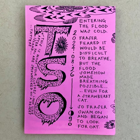 An illustrated comic/zine, printed on fluorescent pink paper, with text and flower drawings on the front, and the letters T S O drawn in ragged lettering. 