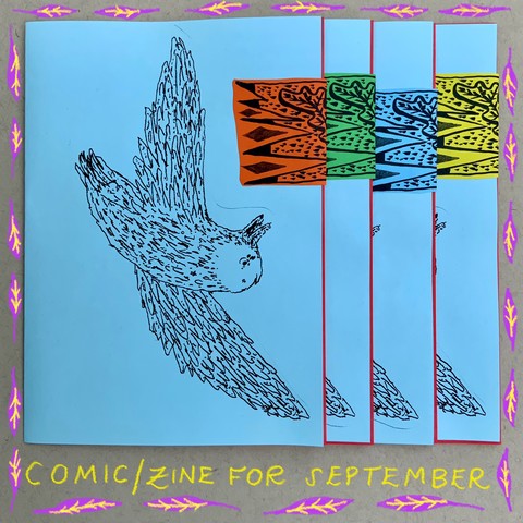 An illustrated zine/comic with a drawing of an owl on the front cover. The owl has its wings outstretched and is flying. 