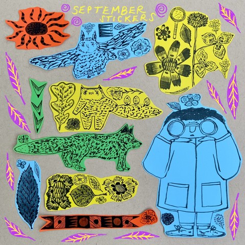 A set of printed illustrated stickers, featuring detective Tso, a fox, Fraser the cat, Hiske the owl, leaves and flowers. 