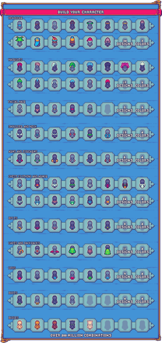 A cheat sheet showing all that can be built using the asset pack, from headgers to boots. There are 34 designs for headgear with 9 color variations, 19 designs for haircuts with 9 color variations, 5 designs for facial hair with 9 color variations, 19 designs for shoulder and neck items with 4 color variations, 9 designs for arm acessories with 4 colors variation, 24 designs for chest pieces with 4 colors variations, 8 designs for belts with 4 color variations, 11 designs for back items with 4 color variations, 9 designs for leg pieces with 4 color variations, 4 designs for boots with 4 color variations and, finally, 5 body models.