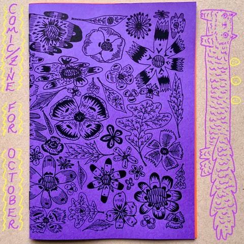 The cover of an illustrated zine, that has many drawings of flowers and leaves with a variety of patterns on them. 