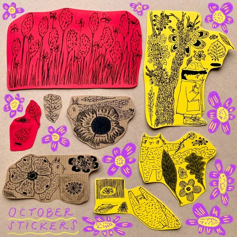 This is a set of stickers printed on red, yellow and craft papers. The stickers feature drawings of Hiske the owl, Fraser the cat, detective Tso, trees, flowers, leaves, and reed heads drifting in the wind. 