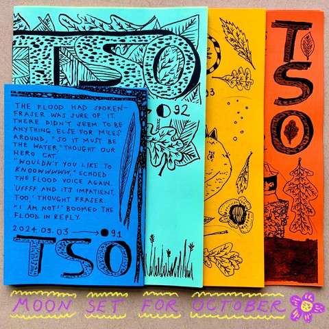 Here is a set of four comics/zines that have drawings of leaves, flowers, and tree roots on their covers. 