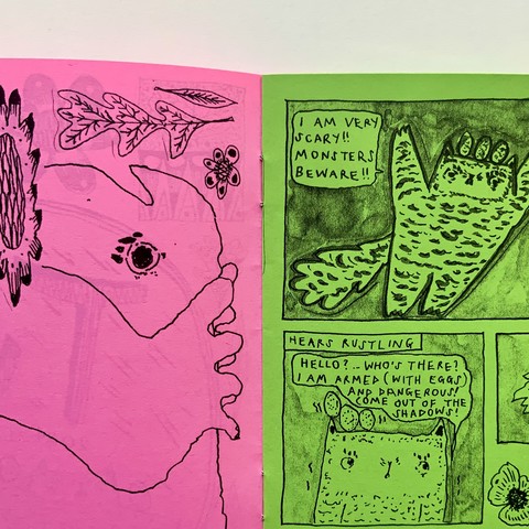 An inside page of the comic, with the big flood toad, and Fraser trying to look scary, and saying, “I am very scary! Monsters beware!”