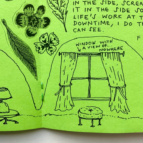 A drawing from inside the flood toad caves, of a comfy seat and a window with nice curtains but which looks out on nowhere - no view at all. 