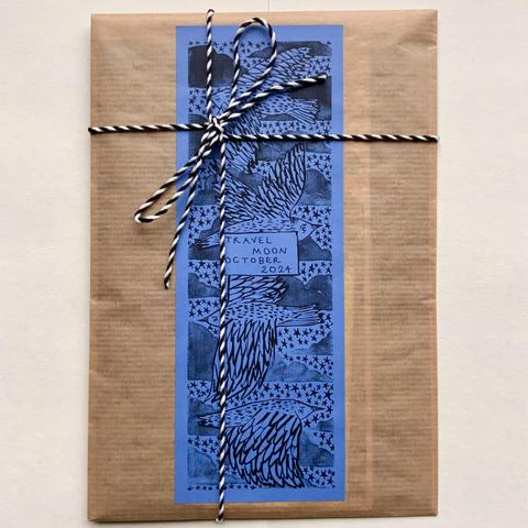 An envelope made from brown paper, with an illustrated design on the front that shows birds, clouds and stars across a blue sky. The envelope is tied with black and white string. 