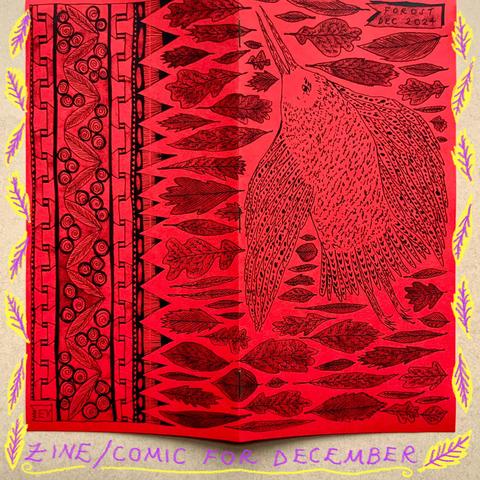 The cover of a narrow A5 comic/zine folded out, showing illustrations of a bird and leaves and patterns.