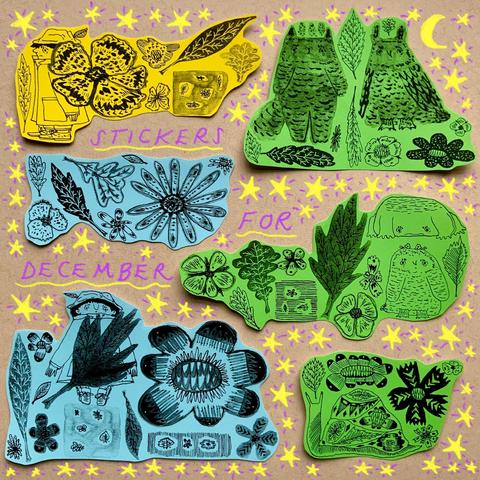 A set of illustrated stickers on green, blue, and yellow papers, featuring forest characters and many leaves and flowers.