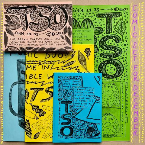 A set of illustrated TSO comics/zines, of varying sizes, with Fraser the cat and Oat the owlet looking quite grumpy on the front of one.