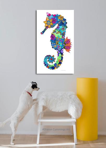 Colorful seahorse made up of hand drawn flowers by artist Sharon Cummings.  Haiku in post.