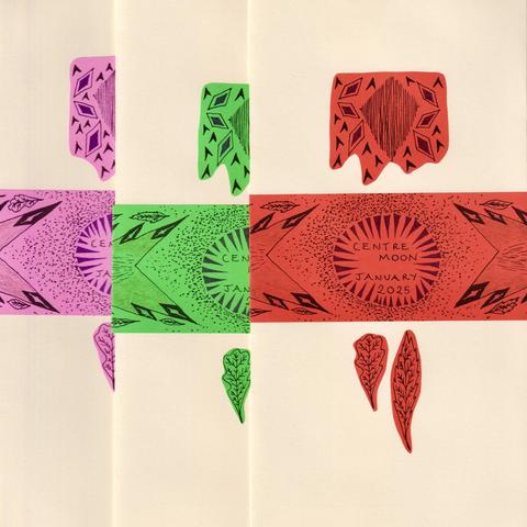 Three illustrated envelopes with patterns and leaves and a full moon with the words Centre Moon January 2025 written inside.