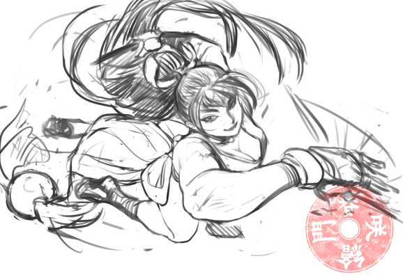 A digital drawing of Mai Shiranui somersaulting through the air.