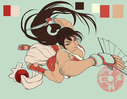A digital drawing of Mai Shiranui tumbling through the air. Her hair and clothing are whipping around her in spiral.