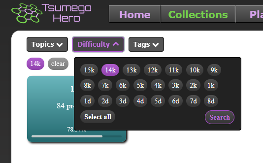 Screenshot of the site Tsumego Hero showing how to filter for difficulty.