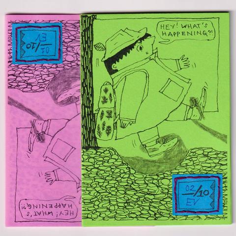 Here are the backs of the zines with the issue numbers sewn on with paper and thread. Detective Tso is being tripped up and tangled by the strange puddles, and Tso is a little scared to say the least!