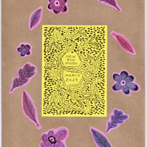 The front of an illustrated envelope with flowers and leaves and a plate in the middle that has illustrations of twigs with new buds in spring. 