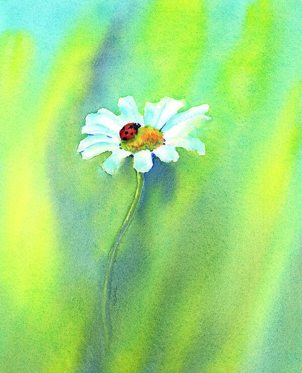 Ladybug on a daisy is a watercolor painting in vertical format by artist Karen Kaspar.
A little red ladybug with black spots is sitting in a white daisy blossom and is enjoying the sunshine in a summer garden. The background is abstracted in vibrant shades of green.