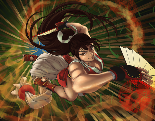 An in-progress image of Mai Shiranui being digitally painted. Mai is somersaulting through the air with her hair and limbs spinning in different directions. Flames are shooting out of her fans. Her skin glimmers from the dancing lights of the flames.
